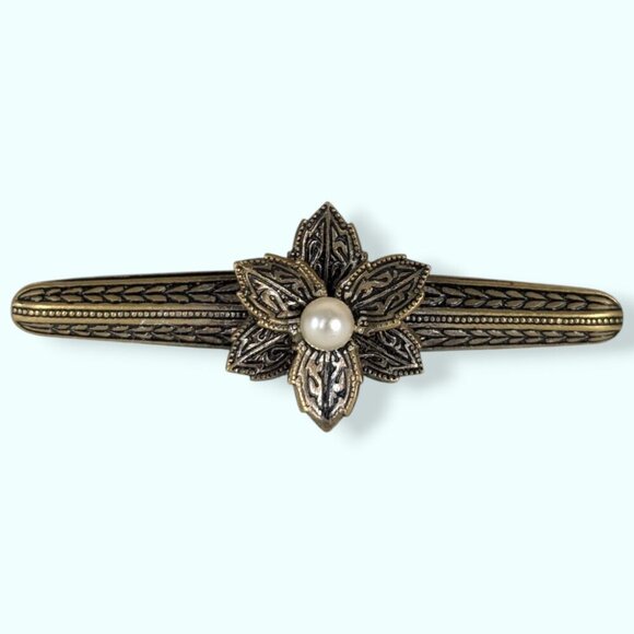 (2/$20) Vintage Faux Pearl Floral Bar Brooch - Picture 1 of 7